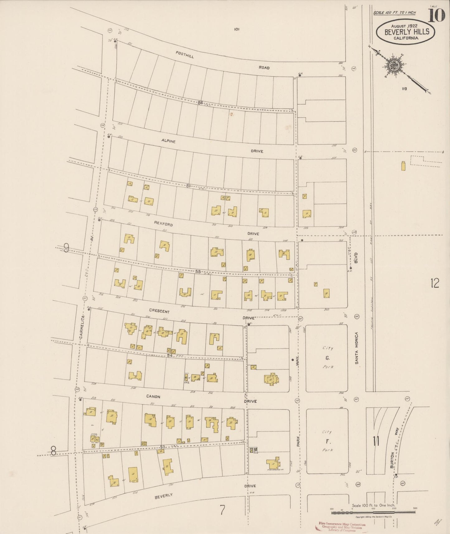 Sanborn Fire Insurance Map from Beverly Hills, Los Angeles County, California (1922), Sheet #0010 - Historic Sanborn Fire Insurance Map Print, vintage old map wall art, antique decor, genealogy gift, California California map