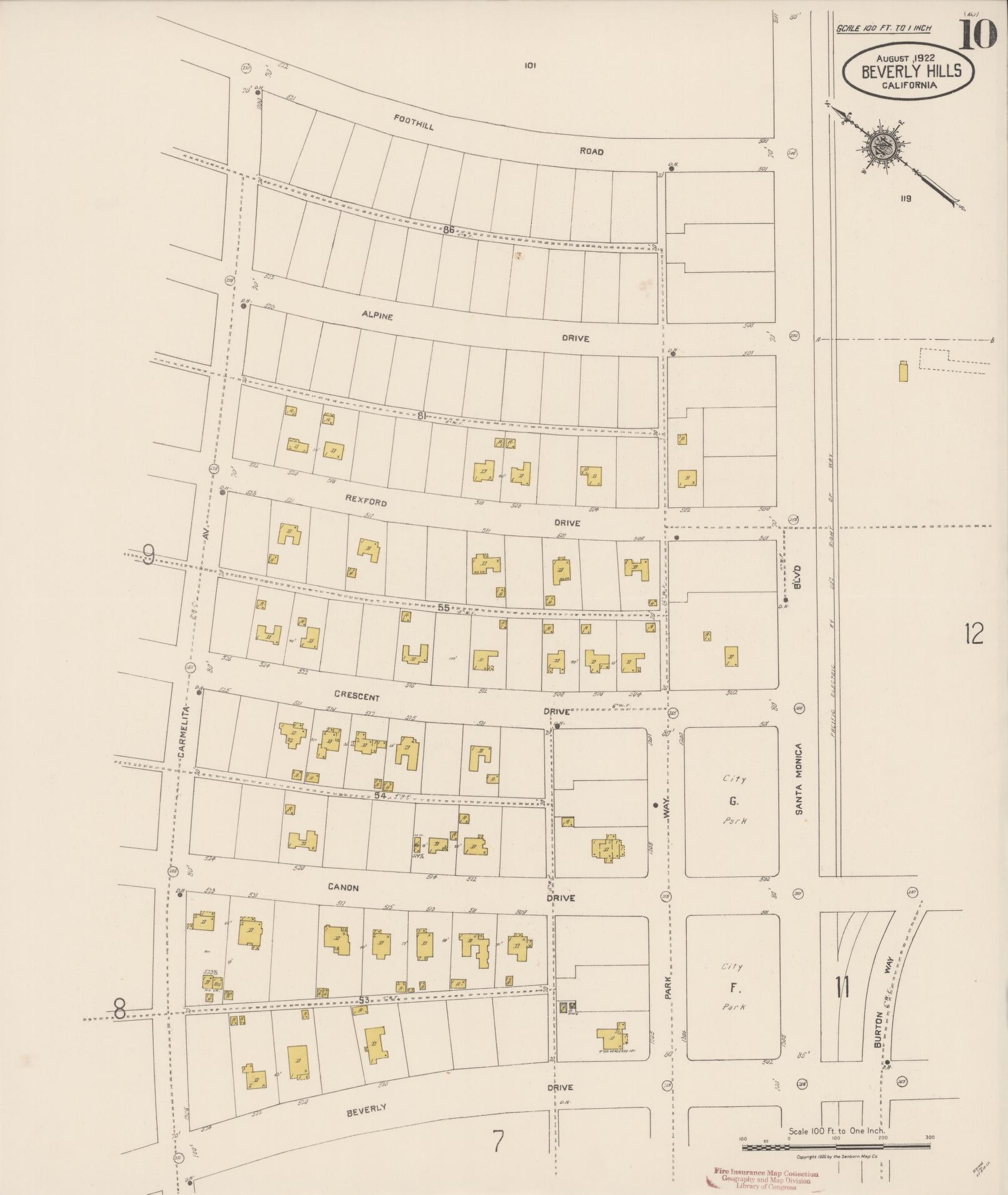Sanborn Fire Insurance Map from Beverly Hills, Los Angeles County, California (1922), Sheet #0010 - Historic Sanborn Fire Insurance Map Print, vintage old map wall art, antique decor, genealogy gift, California California map