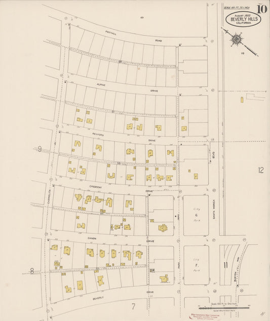 Sanborn Fire Insurance Map from Beverly Hills, Los Angeles County, California (1922), Sheet #0010 - Historic Sanborn Fire Insurance Map Print, vintage old map wall art, antique decor, genealogy gift, California California map