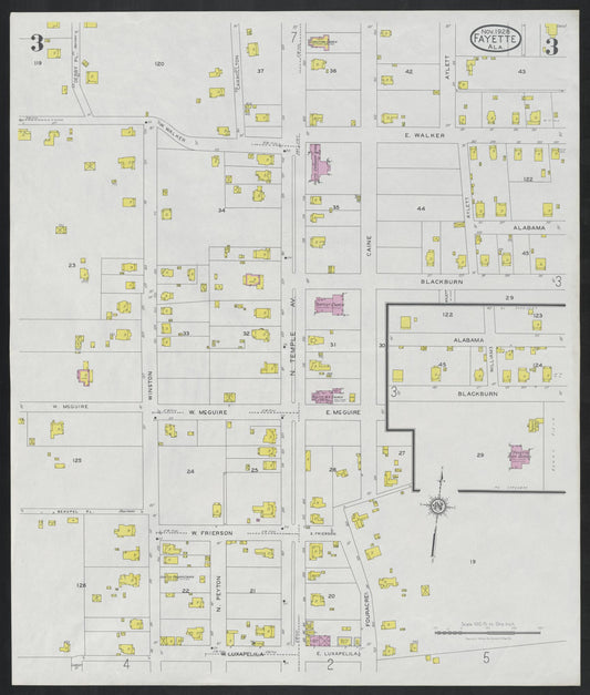 Sanborn Fire Insurance Map from Fayette, Fayette County, Alabama (1928), Sheet #0003 - Historic Sanborn Fire Insurance Map Print, vintage old map wall art, antique decor, genealogy gift, Alabama Alabama map