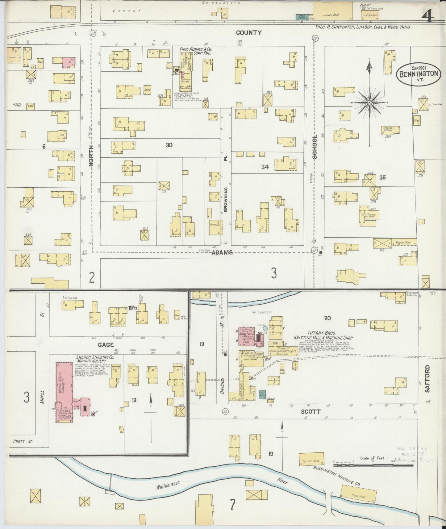 Sanborn Fire Insurance Map from Bennington, Bennington County, Vermont (1901), Sheet #0004 - Complete Map Set gallery image, historic Sanborn map, vintage wall art, Vermont Vermont