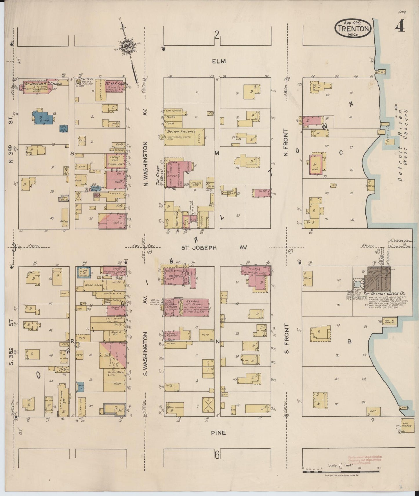 Sanborn Fire Insurance Map from Trenton, Wayne County, Michigan (1922), Sheet #0004 - Historic Sanborn Fire Insurance Map Print, vintage old map wall art, antique decor, genealogy gift, Michigan Michigan map