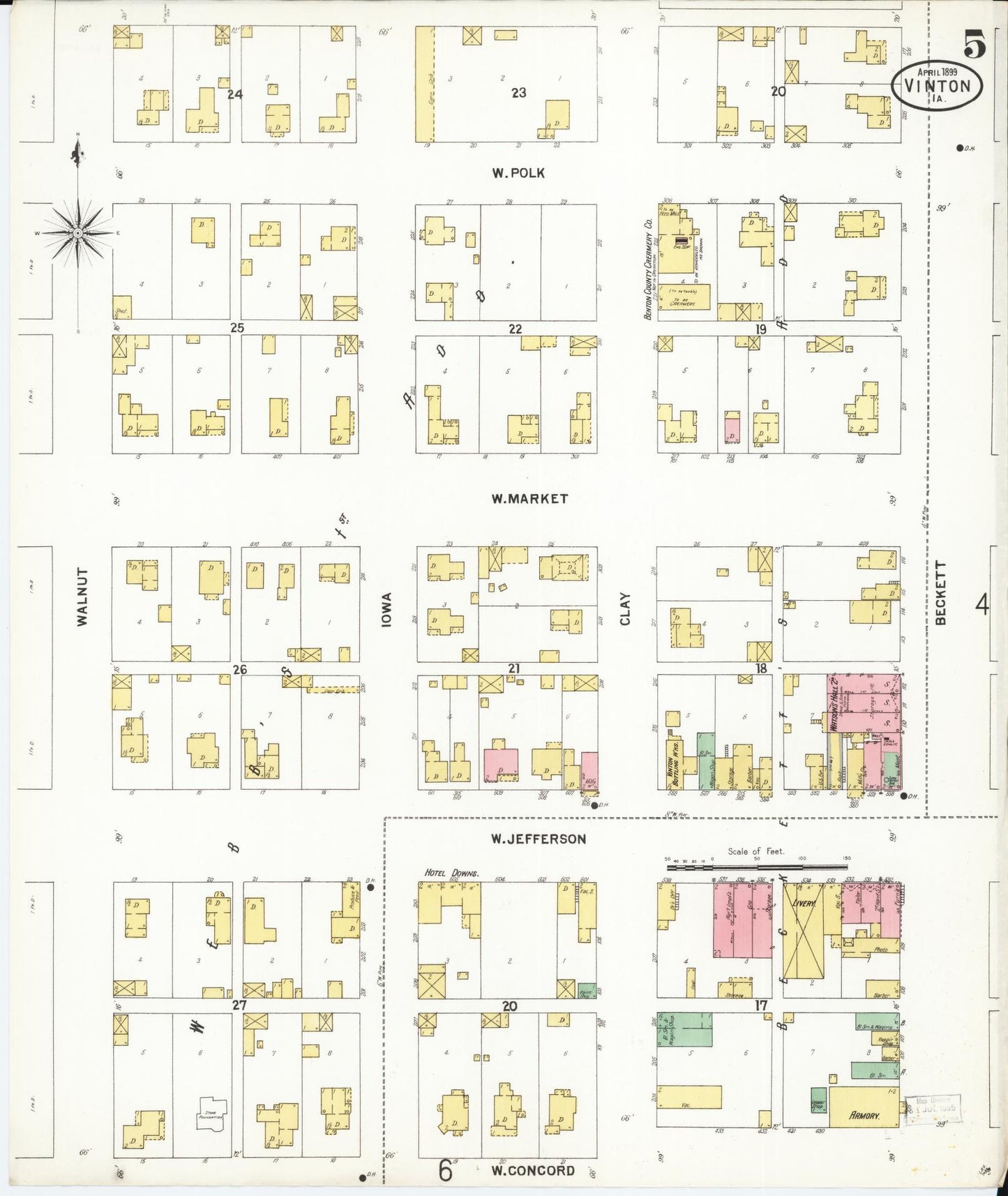 Sanborn Fire Insurance Map from Vinton, Benton County, Iowa (1899), Sheet #0005 - Historic Sanborn Fire Insurance Map Print, vintage old map wall art