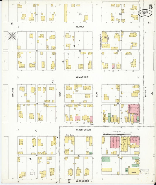 Sanborn Fire Insurance Map from Vinton, Benton County, Iowa (1899), Sheet #0005 - Historic Sanborn Fire Insurance Map Print, vintage old map wall art