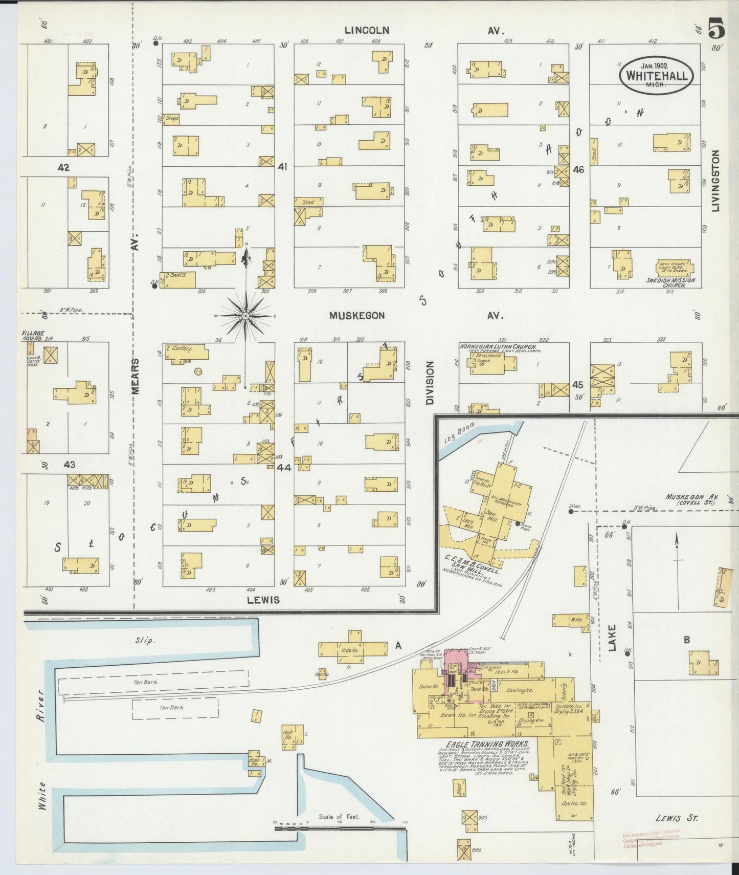 Sanborn Fire Insurance Map from Whitehall, Muskegon County, Michigan (1902), Sheet #0005 - Complete Map Set gallery image, historic Sanborn map, vintage wall art, Michigan Michigan