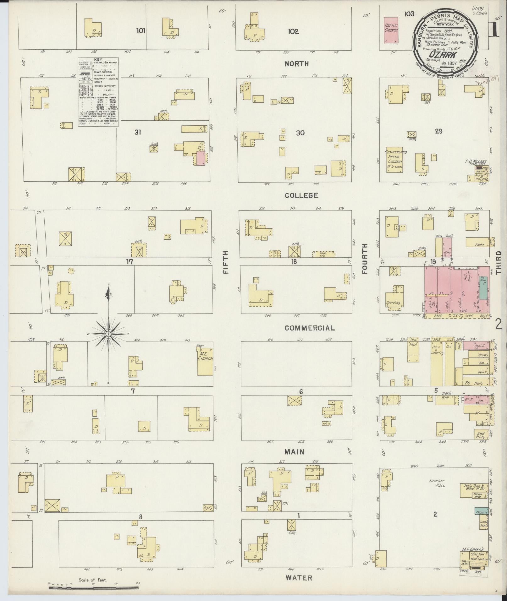 Sanborn Fire Insurance Map from Ozark, Franklin County, Arkansas (1897), Sheet #0001 - Complete Map Set gallery image, historic Sanborn map, vintage wall art, Arkansas Arkansas