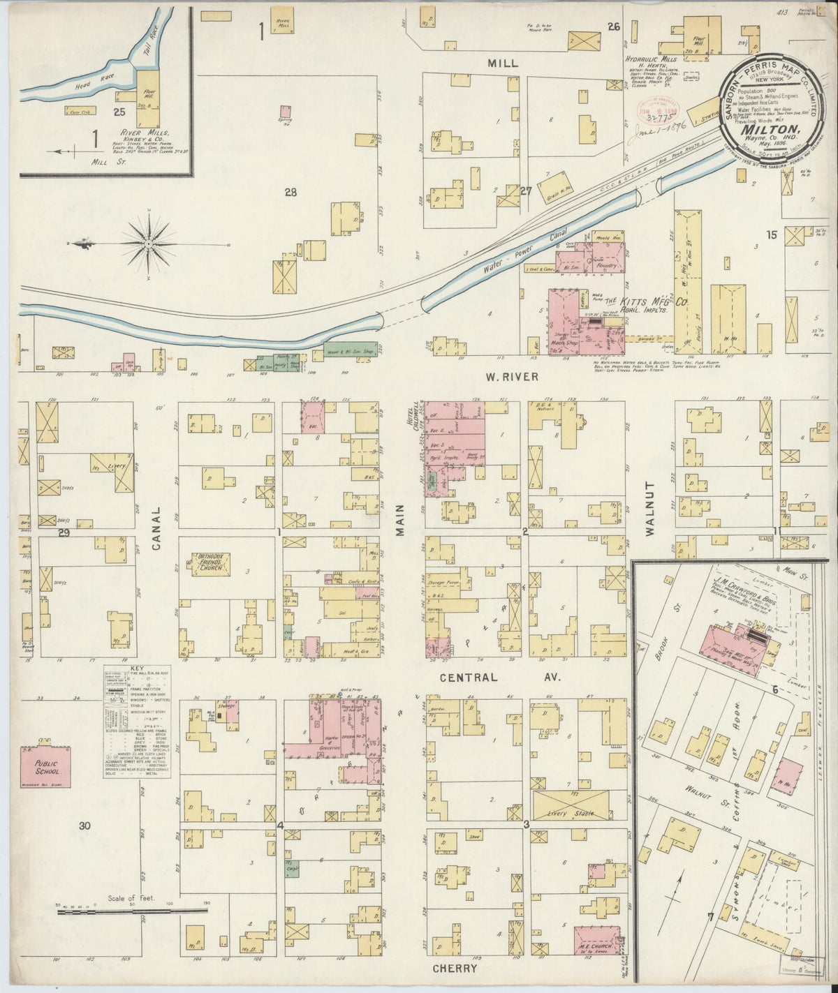 Sanborn Fire Insurance Map from Milton, Wayne County, Indiana (1896), Sheet #0001 - Historic Sanborn Fire Insurance Map Print, vintage old map wall art, antique decor, genealogy gift, Indiana Indiana map