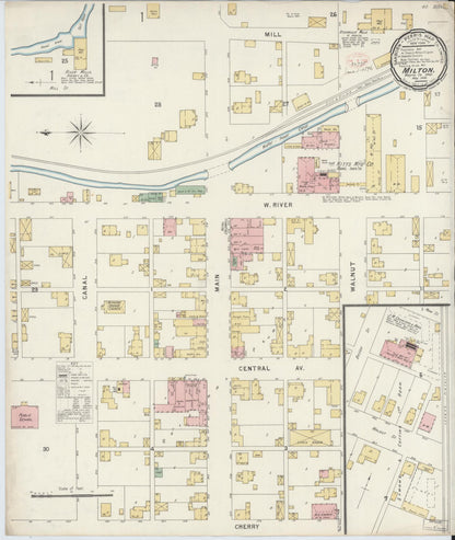 Sanborn Fire Insurance Map from Milton, Wayne County, Indiana (1896), Sheet #0001 - Historic Sanborn Fire Insurance Map Print, vintage old map wall art, antique decor, genealogy gift, Indiana Indiana map