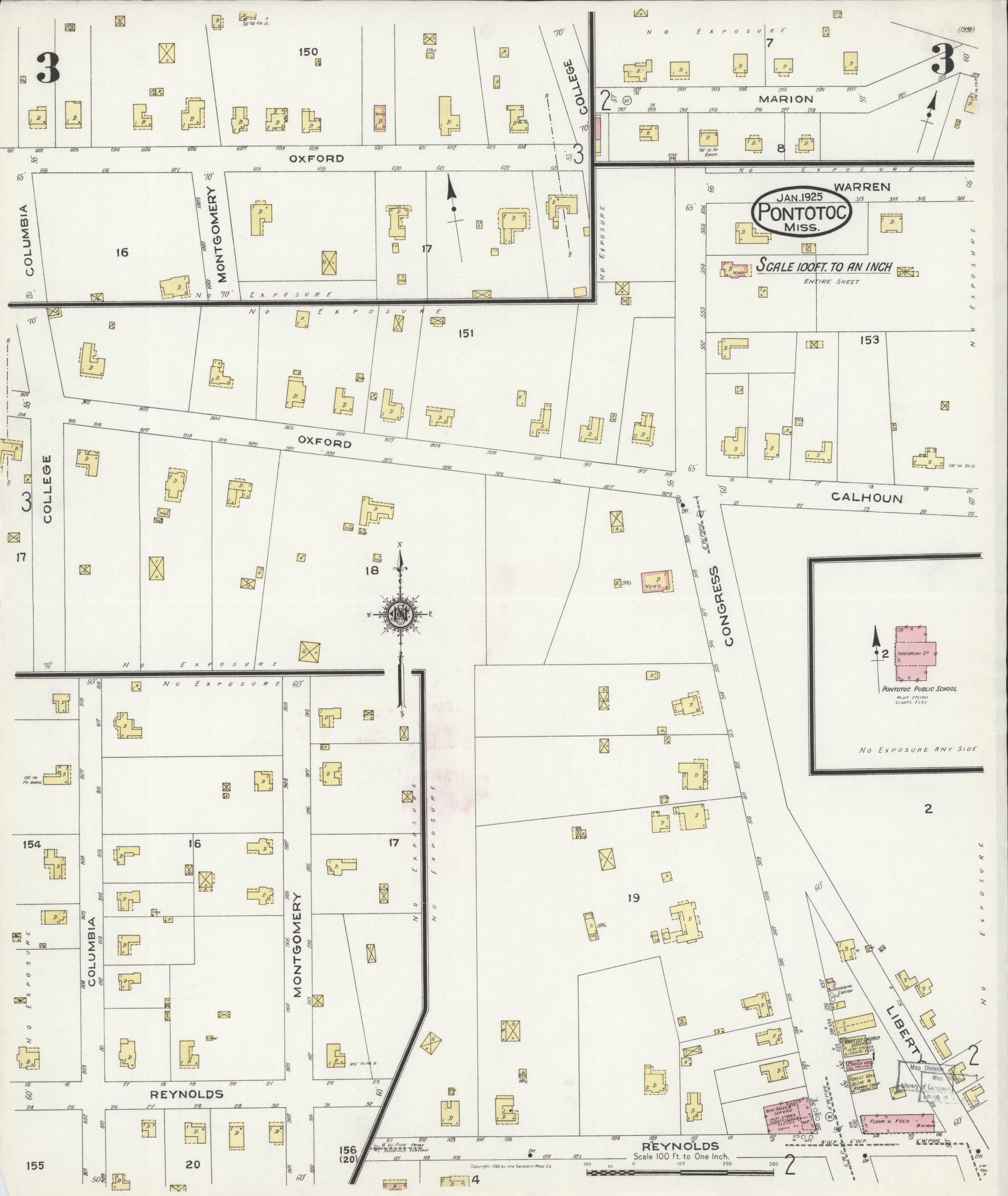 Sanborn Fire Insurance Map from Pontotoc, Pontotoc County, Mississippi (1925), Sheet #0003 - Historic Sanborn Fire Insurance Map Print, vintage old map wall art, antique decor, genealogy gift, Mississippi Mississippi map