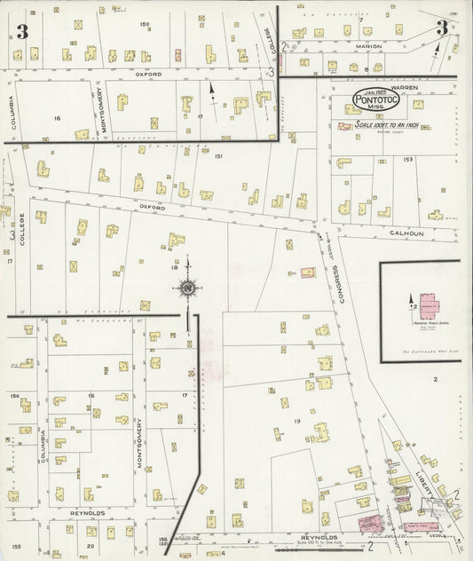 Sanborn Fire Insurance Map from Pontotoc, Pontotoc County, Mississippi (1925), Sheet #0003 - Historic Sanborn Fire Insurance Map Print, vintage old map wall art, antique decor, genealogy gift, Mississippi Mississippi map