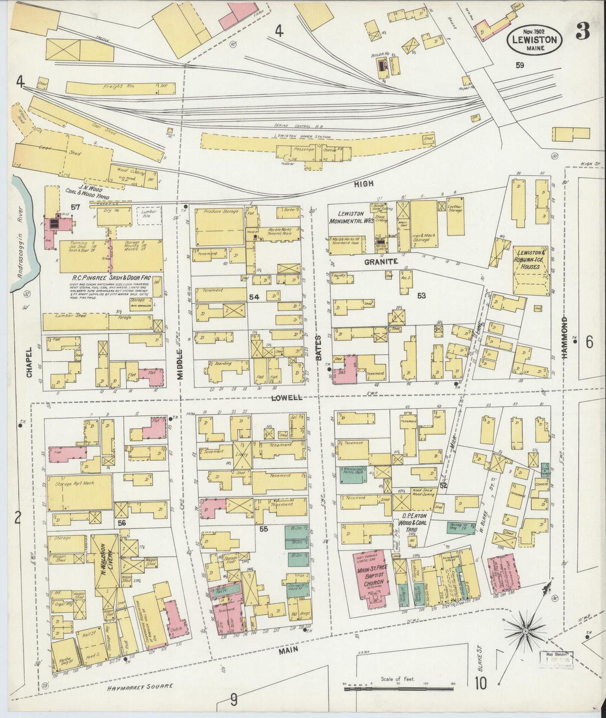 Sanborn Fire Insurance Map from Lewiston, Androscoggin County, Maine (1902), Sheet #0003 - Complete Map Set gallery image, historic Sanborn map, vintage wall art, Maine Maine