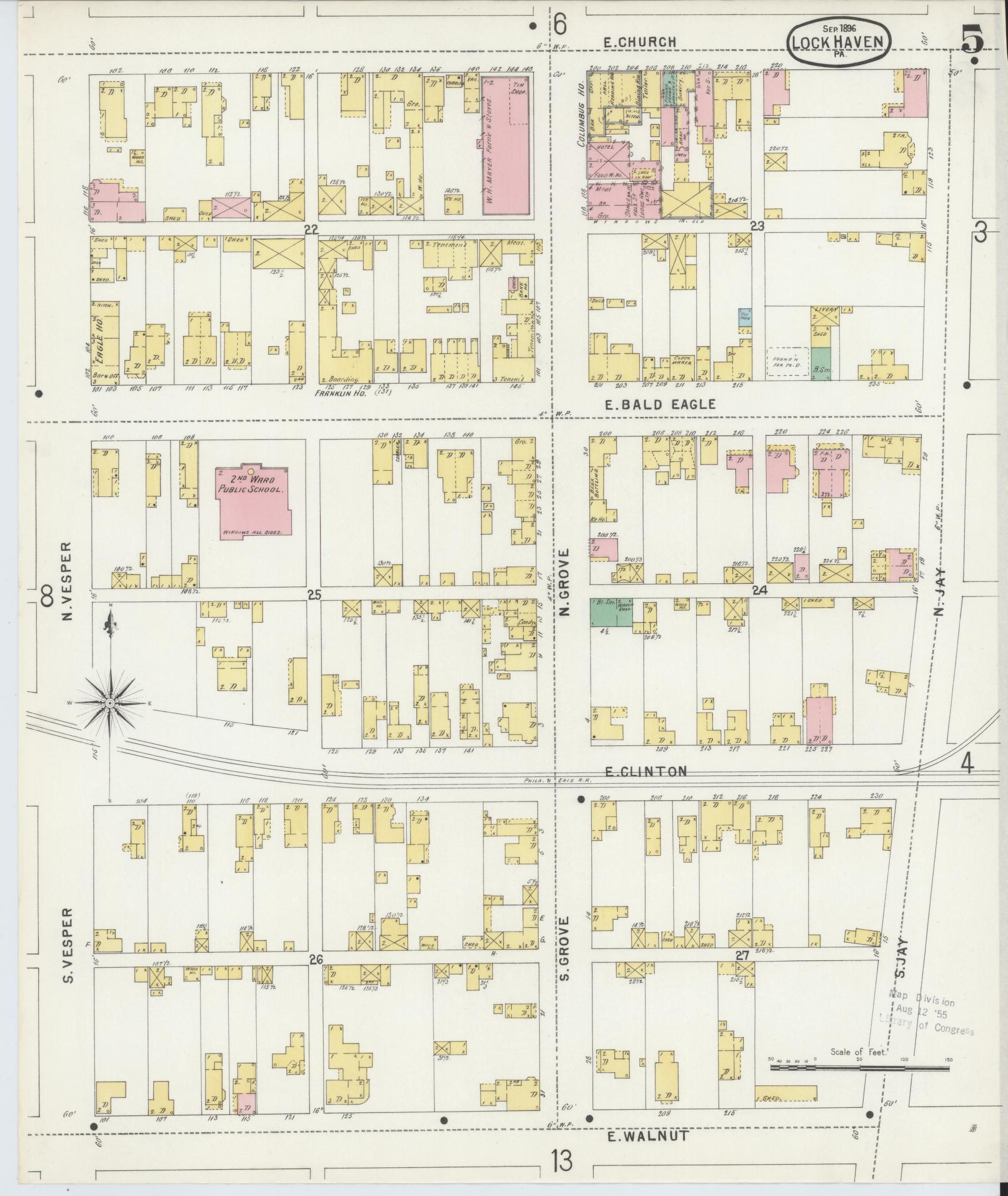 Sanborn Fire Insurance Map from Lock Haven, Clinton County, Pennsylvania (1896), Sheet #0005 - Historic Sanborn Fire Insurance Map Print, vintage old map wall art, antique decor, genealogy gift, Pennsylvania Pennsylvania map