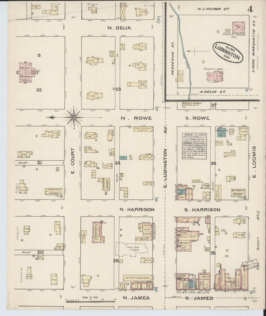 Sanborn Fire Insurance Map from Ludington, Mason County, Michigan (1883), Sheet #0004 - Historic Sanborn Fire Insurance Map Print, vintage old map wall art, antique decor, genealogy gift, Michigan Michigan map