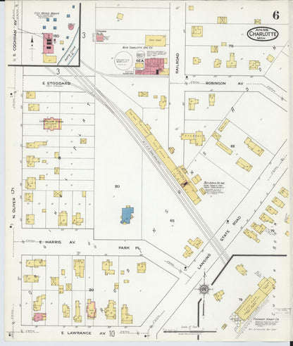 Sanborn Fire Insurance Map from Charlotte, Eaton County, Michigan (1918), Sheet #0006 - Historic Sanborn Fire Insurance Map Print, vintage old map wall art, antique decor, genealogy gift, Michigan Michigan map