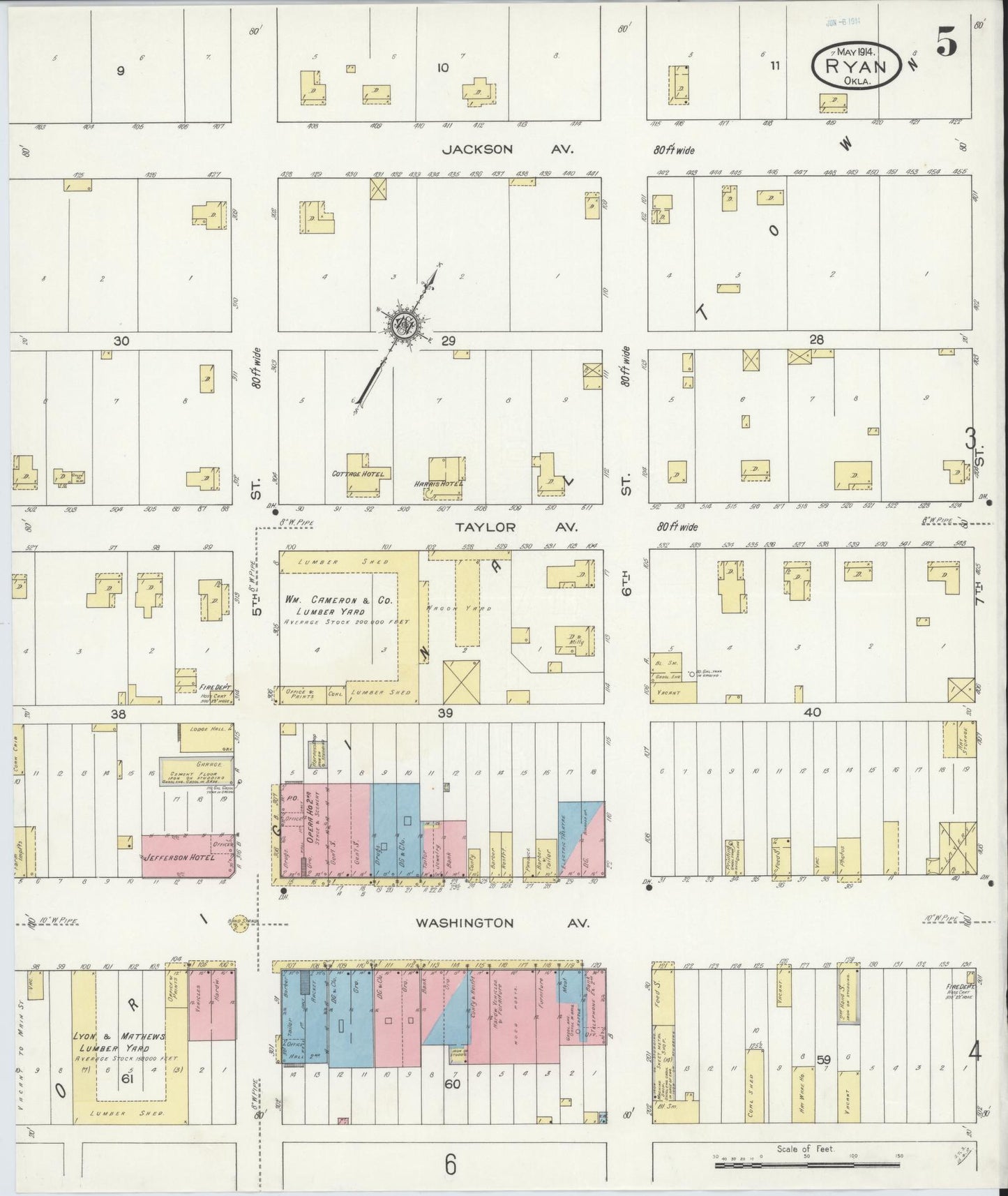 Sanborn Fire Insurance Map from Ryan, Jefferson County, Oklahoma (1914), Sheet #0005 - Complete Map Set gallery image, historic Sanborn map, vintage wall art, Oklahoma Oklahoma