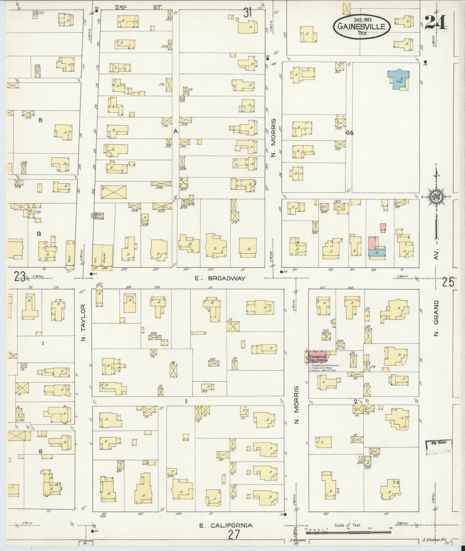 Sanborn Fire Insurance Map from Gainesville, Cooke County, Texas (1913), Sheet #0024 - Historic Sanborn Fire Insurance Map Print, vintage old map wall art, antique decor, genealogy gift, Texas Texas map