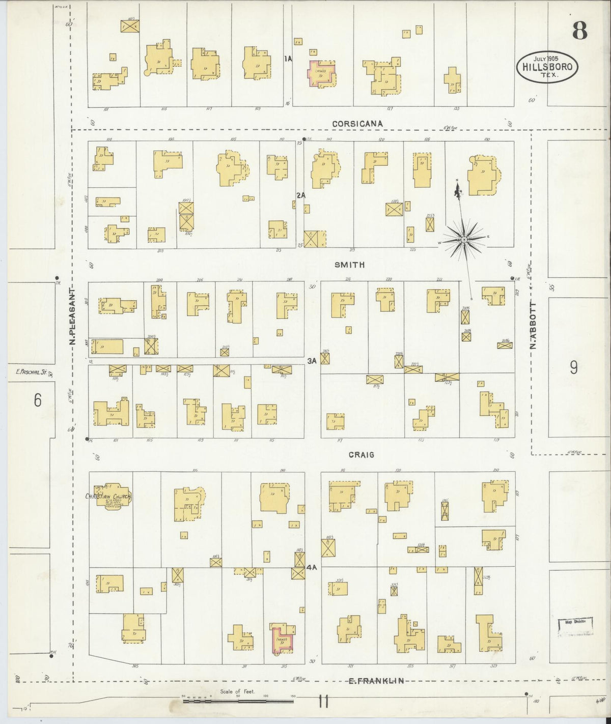 Sanborn Fire Insurance Map from Hillsboro, Hill County, Texas (1905), Sheet #0008 - Complete Map Set gallery image, historic Sanborn map, vintage wall art, Texas Texas