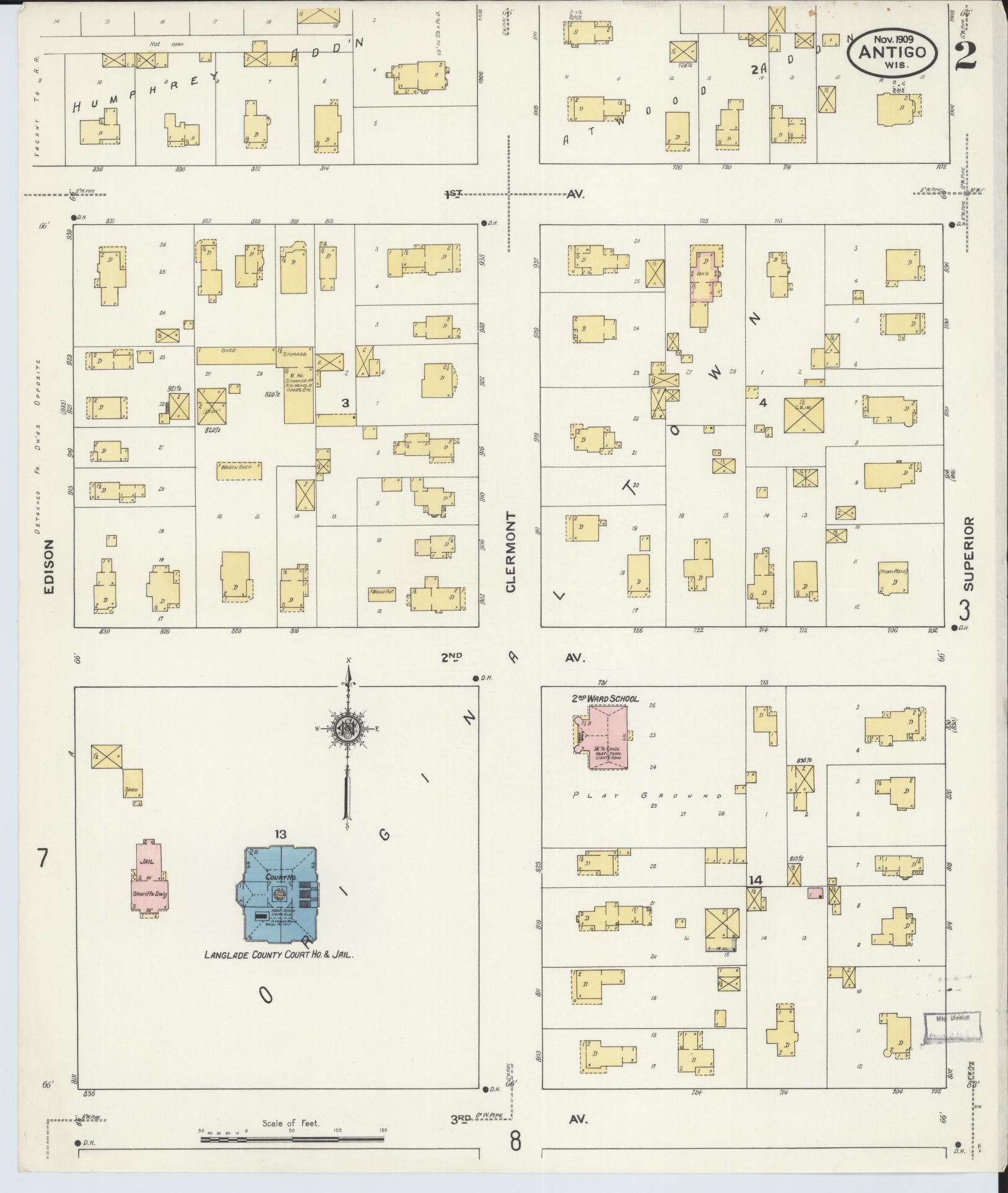 Sanborn Fire Insurance Map from Antigo, Langlade County, Wisconsin (1909), Sheet #0002 - Historic Sanborn Fire Insurance Map Print, vintage old map wall art, antique decor, genealogy gift, Wisconsin Wisconsin map