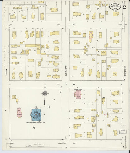 Sanborn Fire Insurance Map from Antigo, Langlade County, Wisconsin (1909), Sheet #0002 - Historic Sanborn Fire Insurance Map Print, vintage old map wall art, antique decor, genealogy gift, Wisconsin Wisconsin map