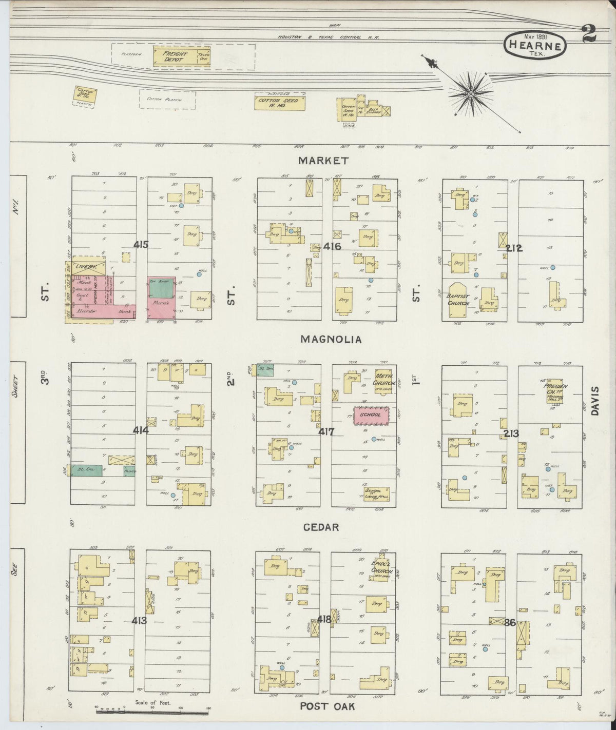 Sanborn Fire Insurance Map from Hearne, Robertson County, Texas (1891), Sheet #0002 - Complete Map Set gallery image, historic Sanborn map, vintage wall art, Texas Texas