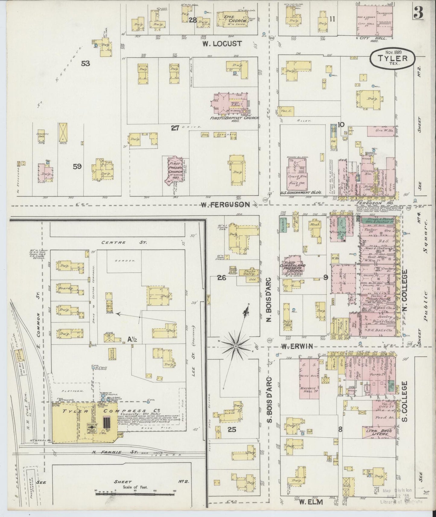 Sanborn Fire Insurance Map from Tyler, Smith County, Texas (1889), Sheet #0003 - Complete Map Set gallery image, historic Sanborn map, vintage wall art, Texas Texas
