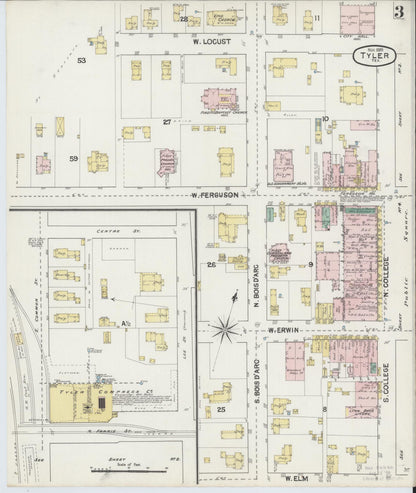 Sanborn Fire Insurance Map from Tyler, Smith County, Texas (1889), Sheet #0003 - Complete Map Set gallery image, historic Sanborn map, vintage wall art, Texas Texas