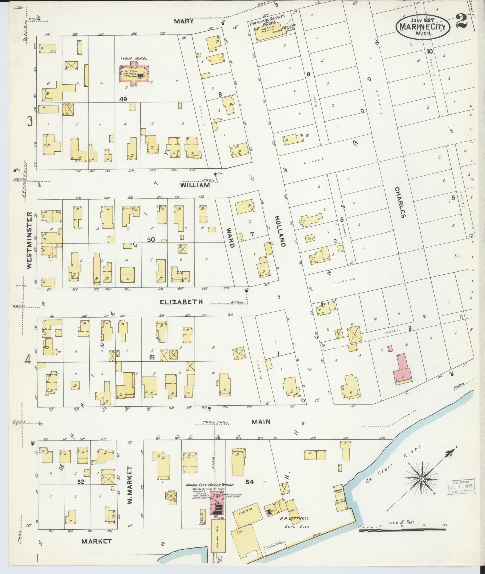 Sanborn Fire Insurance Map from Marine City, Saint Clair County, Michigan (1907), Sheet #0002 - Complete Map Set gallery image, historic Sanborn map, vintage wall art, Michigan Michigan
