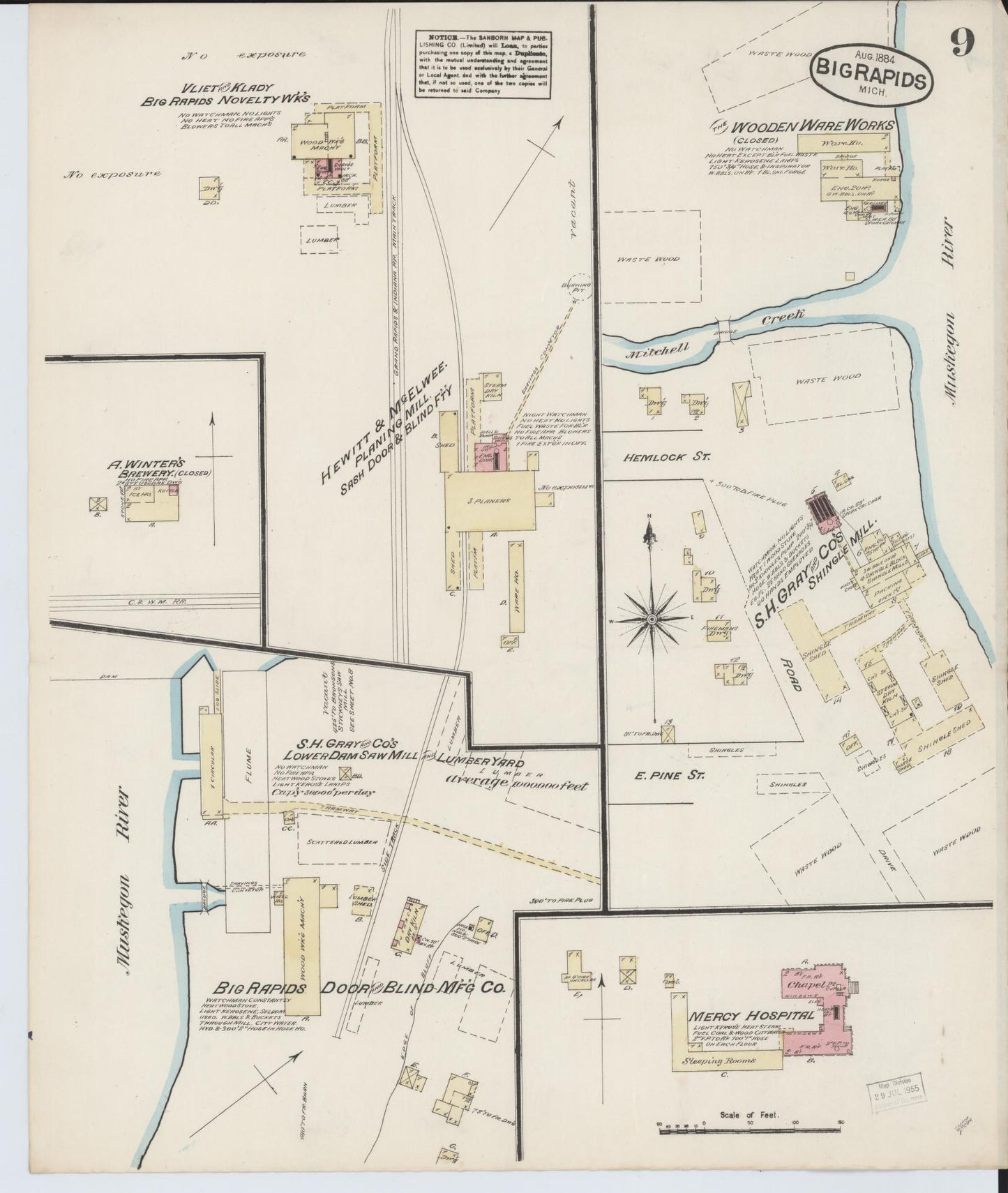 Sanborn Fire Insurance Map from Big Rapids, Mecosta County, Michigan (1884), Sheet #0009 - Complete Map Set gallery image, historic Sanborn map, vintage wall art, Michigan Michigan
