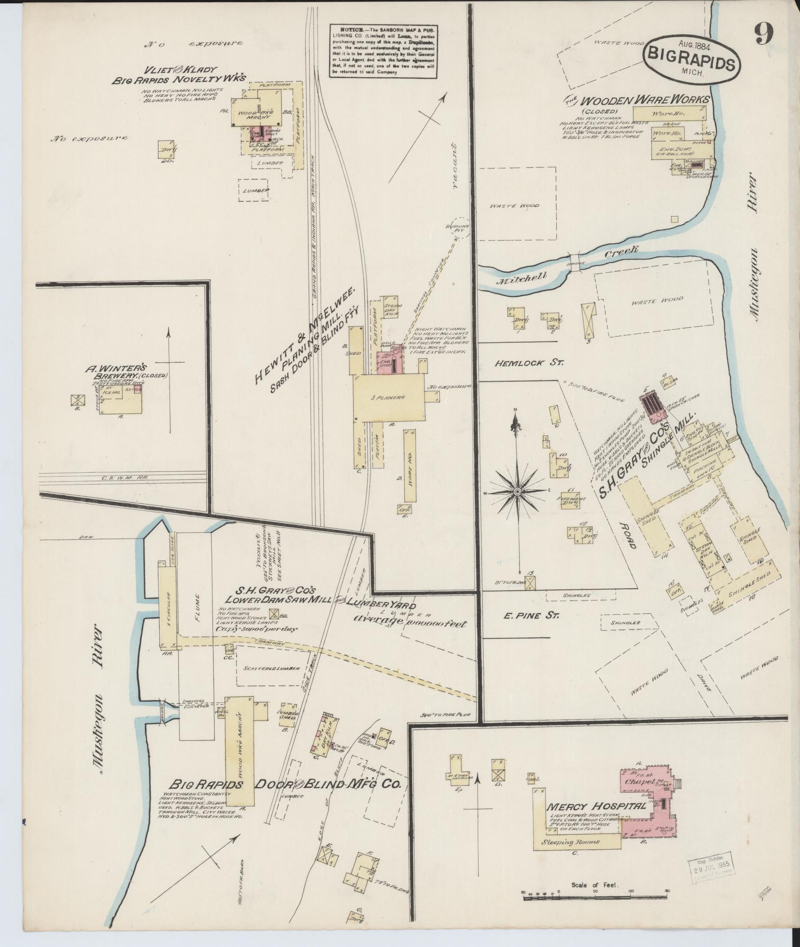 Sanborn Fire Insurance Map from Big Rapids, Mecosta County, Michigan (1884), Sheet #0009 - Complete Map Set gallery image, historic Sanborn map, vintage wall art, Michigan Michigan