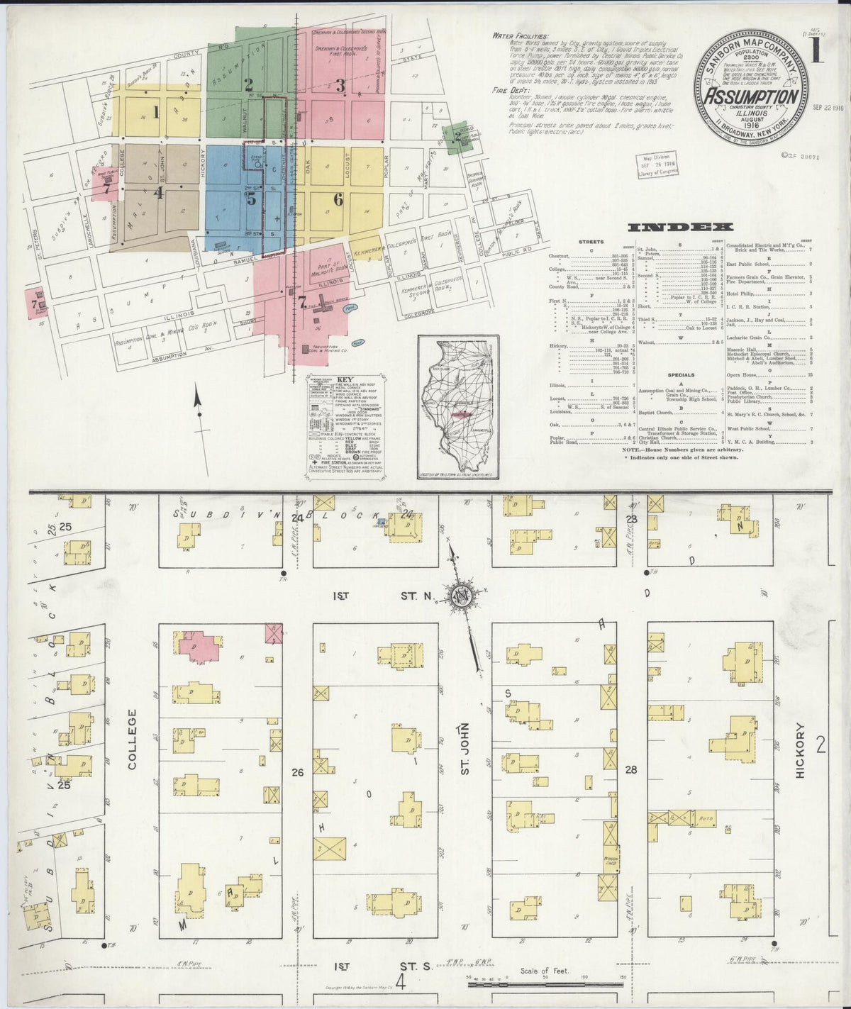 Sanborn Fire Insurance Map from Assumption, Christian County, Illinois (1916), Sheet #0001 - Historic Sanborn Fire Insurance Map Print, vintage old map wall art, antique decor, genealogy gift, Illinois Illinois map