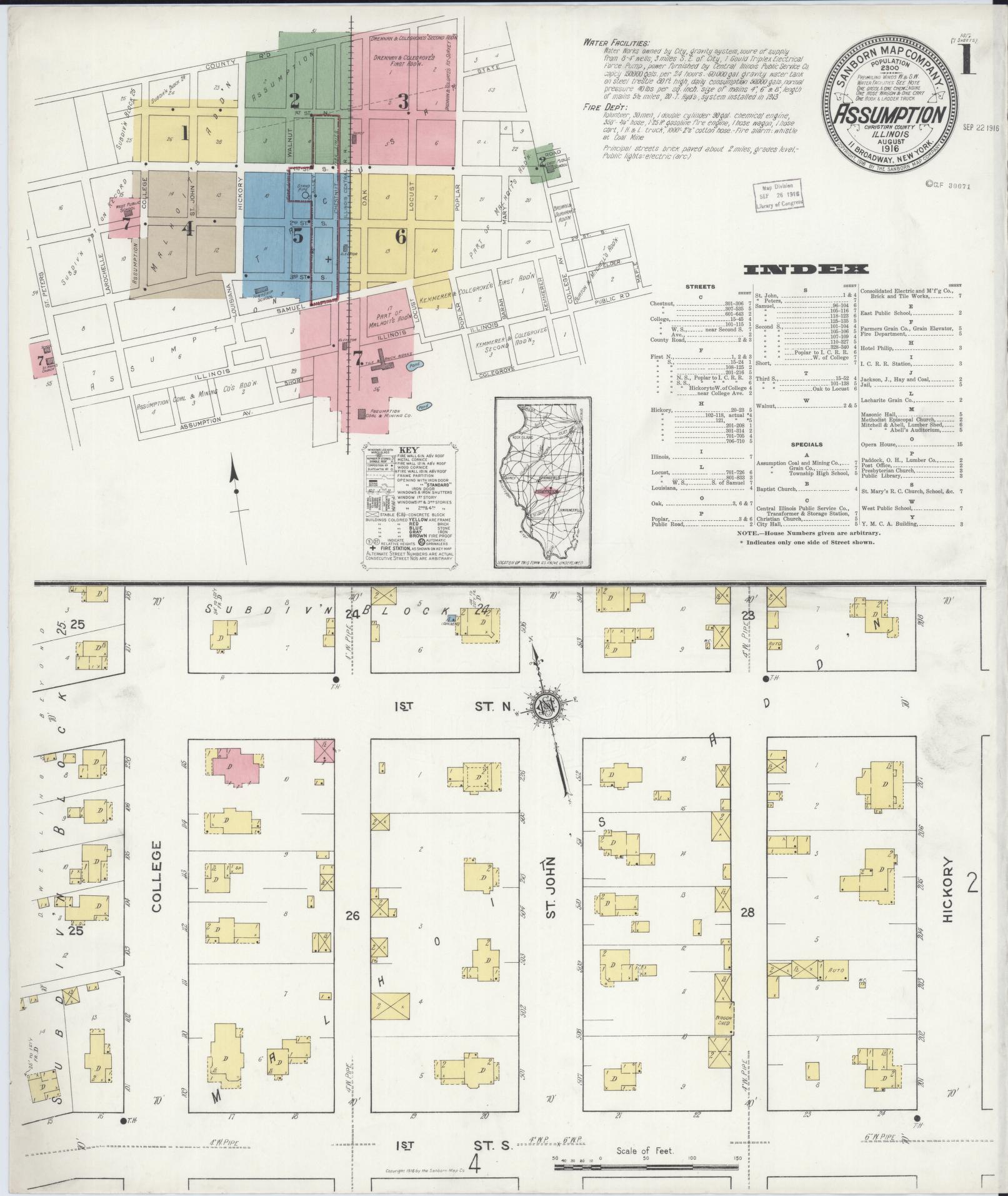 Sanborn Fire Insurance Map from Assumption, Christian County, Illinois (1916), Sheet #0001 - Historic Sanborn Fire Insurance Map Print, vintage old map wall art, antique decor, genealogy gift, Illinois Illinois map