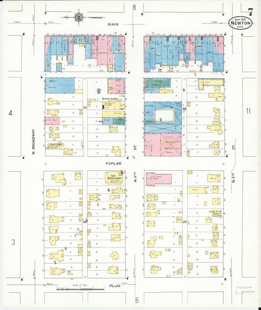 Sanborn Fire Insurance Map from Newton, Harvey County, Kansas (1909), Sheet #0007 - Historic Sanborn Fire Insurance Map Print, vintage old map wall art, antique decor, genealogy gift, Kansas Kansas map