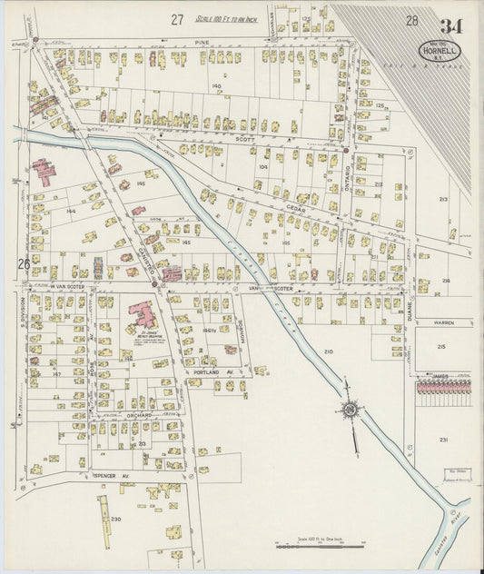 Sanborn Fire Insurance Map from Hornell, Steuben County, New York (1915), Sheet #0034 - Historic Sanborn Fire Insurance Map Print, vintage old map wall art, antique decor, genealogy gift, New York New York map