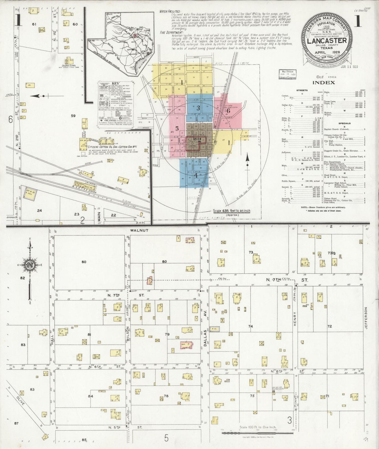 Sanborn Fire Insurance Map from Lancaster, Dallas County, Texas (1928), Sheet #0001 - Historic Sanborn Fire Insurance Map Print, vintage old map wall art, antique decor, genealogy gift, Texas Texas map