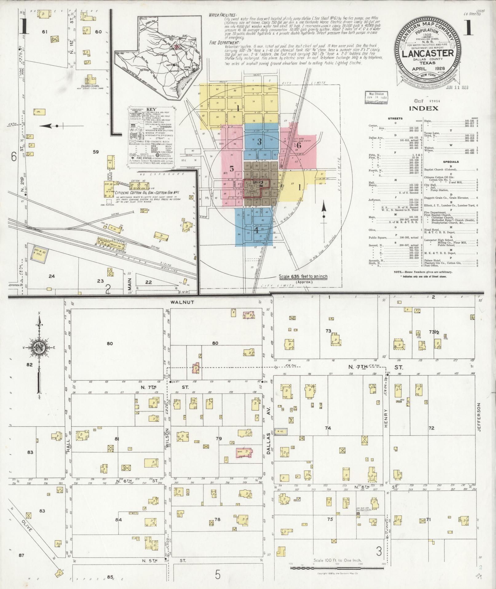 Sanborn Fire Insurance Map from Lancaster, Dallas County, Texas (1928), Sheet #0001 - Historic Sanborn Fire Insurance Map Print, vintage old map wall art, antique decor, genealogy gift, Texas Texas map