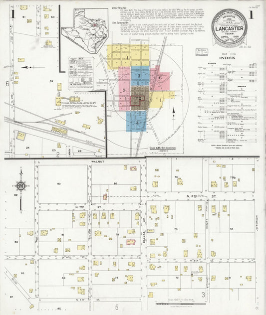 Sanborn Fire Insurance Map from Lancaster, Dallas County, Texas (1928), Sheet #0001 - Historic Sanborn Fire Insurance Map Print, vintage old map wall art, antique decor, genealogy gift, Texas Texas map