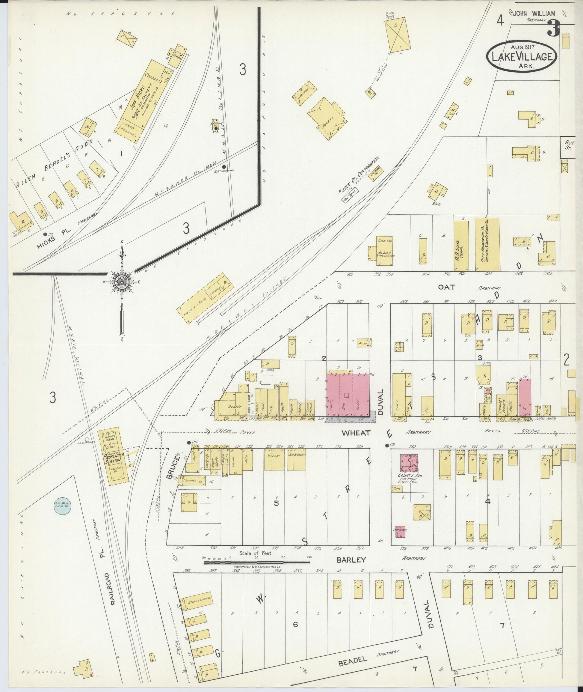 Sanborn Fire Insurance Map from Lake Village, Chicot County, Arkansas (1917), Sheet #0003 - Complete Map Set gallery image, historic Sanborn map, vintage wall art, Arkansas Arkansas