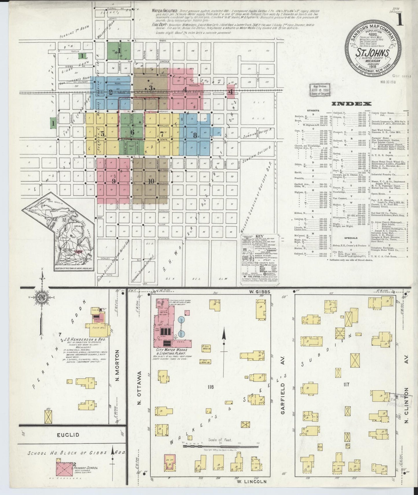Sanborn Fire Insurance Map from Saint Johns, Clinton County, Michigan (1918), Sheet #0001 - Complete Map Set gallery image, historic Sanborn map, vintage wall art, Michigan Michigan