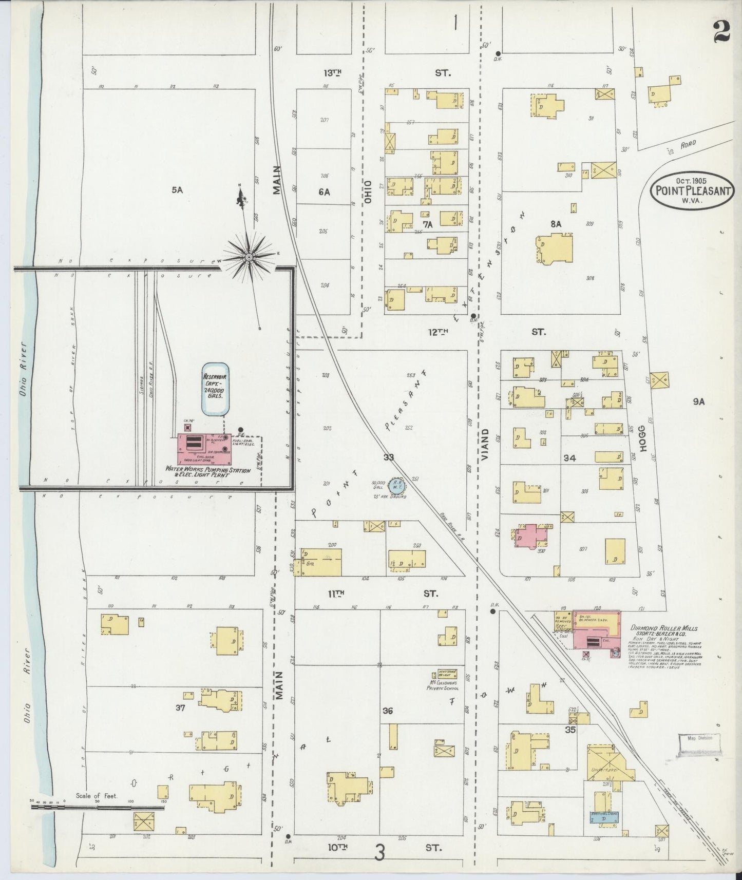 Sanborn Fire Insurance Map from Point Pleasant, Mason County, West Virginia (1905), Sheet #0002 - Historic Sanborn Fire Insurance Map Print, vintage old map wall art, antique decor, genealogy gift, West Virginia West Virginia map