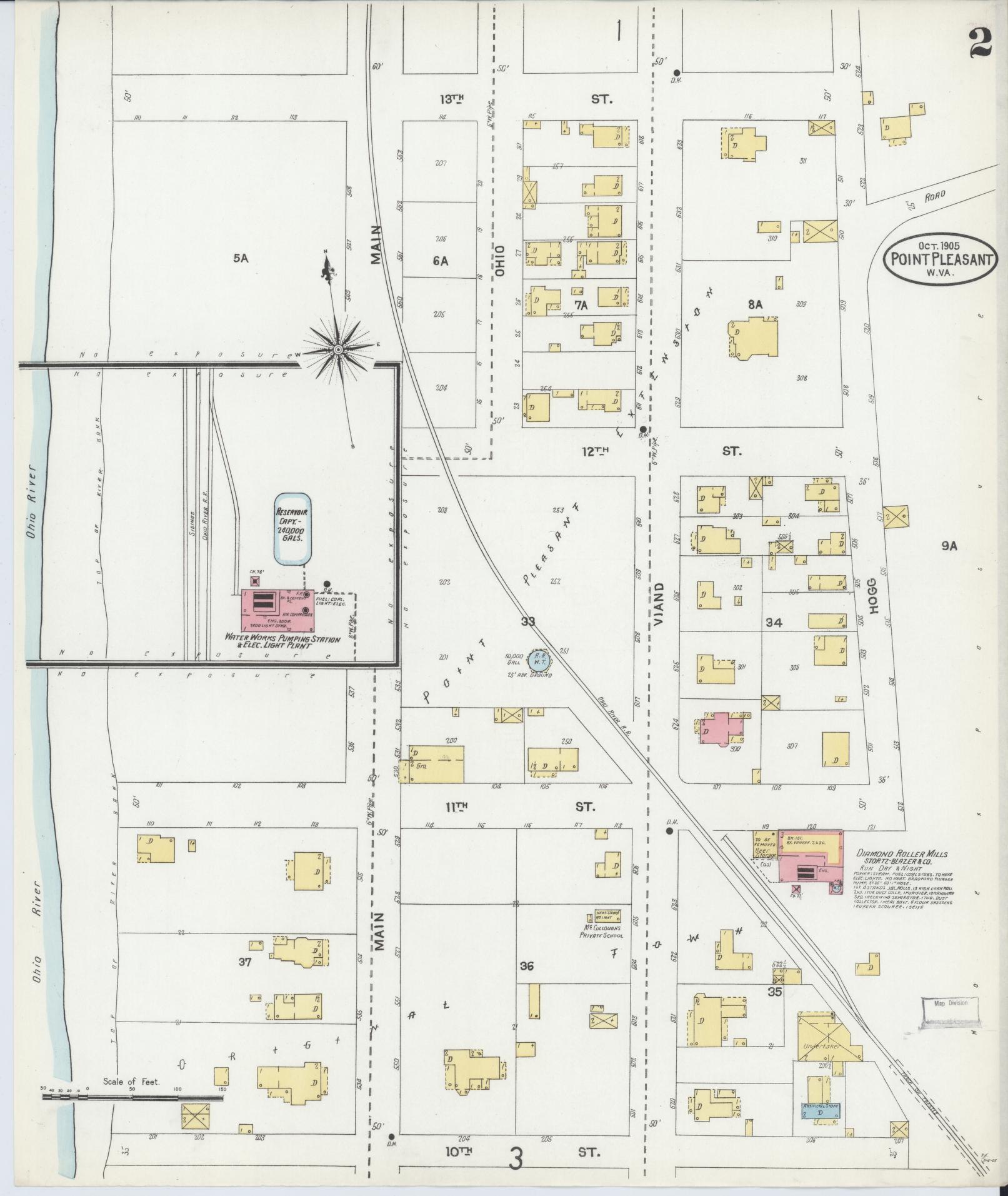 Sanborn Fire Insurance Map from Point Pleasant, Mason County, West Virginia (1905), Sheet #0002 - Historic Sanborn Fire Insurance Map Print, vintage old map wall art, antique decor, genealogy gift, West Virginia West Virginia map