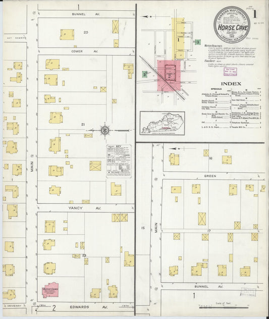 Sanborn Fire Insurance Map from Horse Cave, Hart County, Kentucky (1916), Sheet #0001 - Complete Map Set gallery image, historic Sanborn map, vintage wall art, Kentucky Kentucky