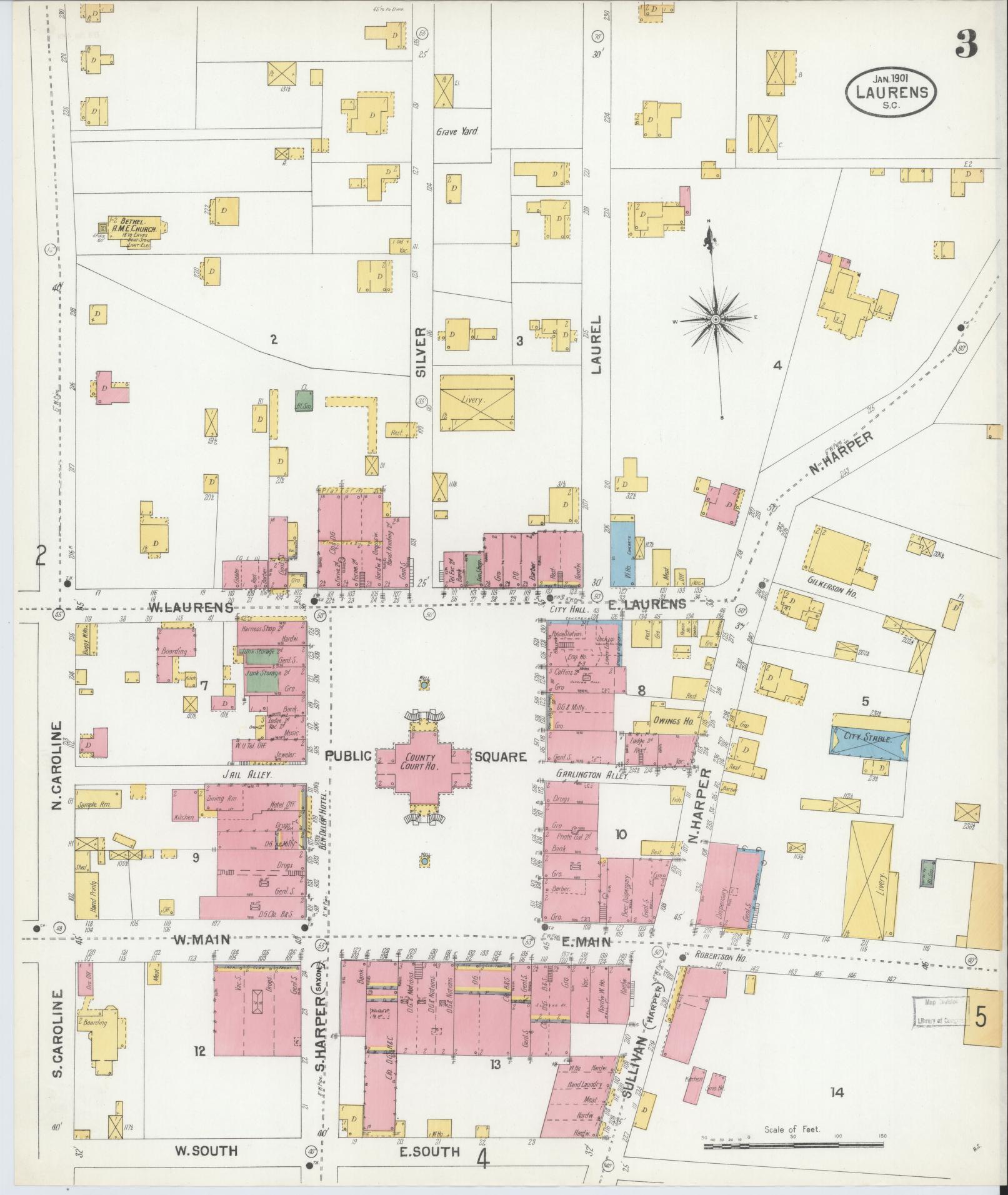 Sanborn Fire Insurance Map from Laurens, Laurens County, South Carolina (1901), Sheet #0003 - Complete Map Set gallery image, historic Sanborn map, vintage wall art, South Carolina South Carolina