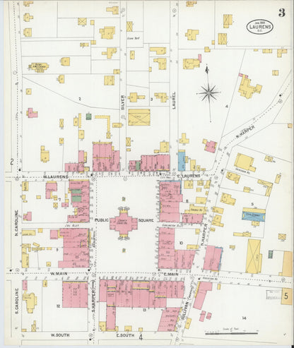 Sanborn Fire Insurance Map from Laurens, Laurens County, South Carolina (1901), Sheet #0003 - Complete Map Set gallery image, historic Sanborn map, vintage wall art, South Carolina South Carolina