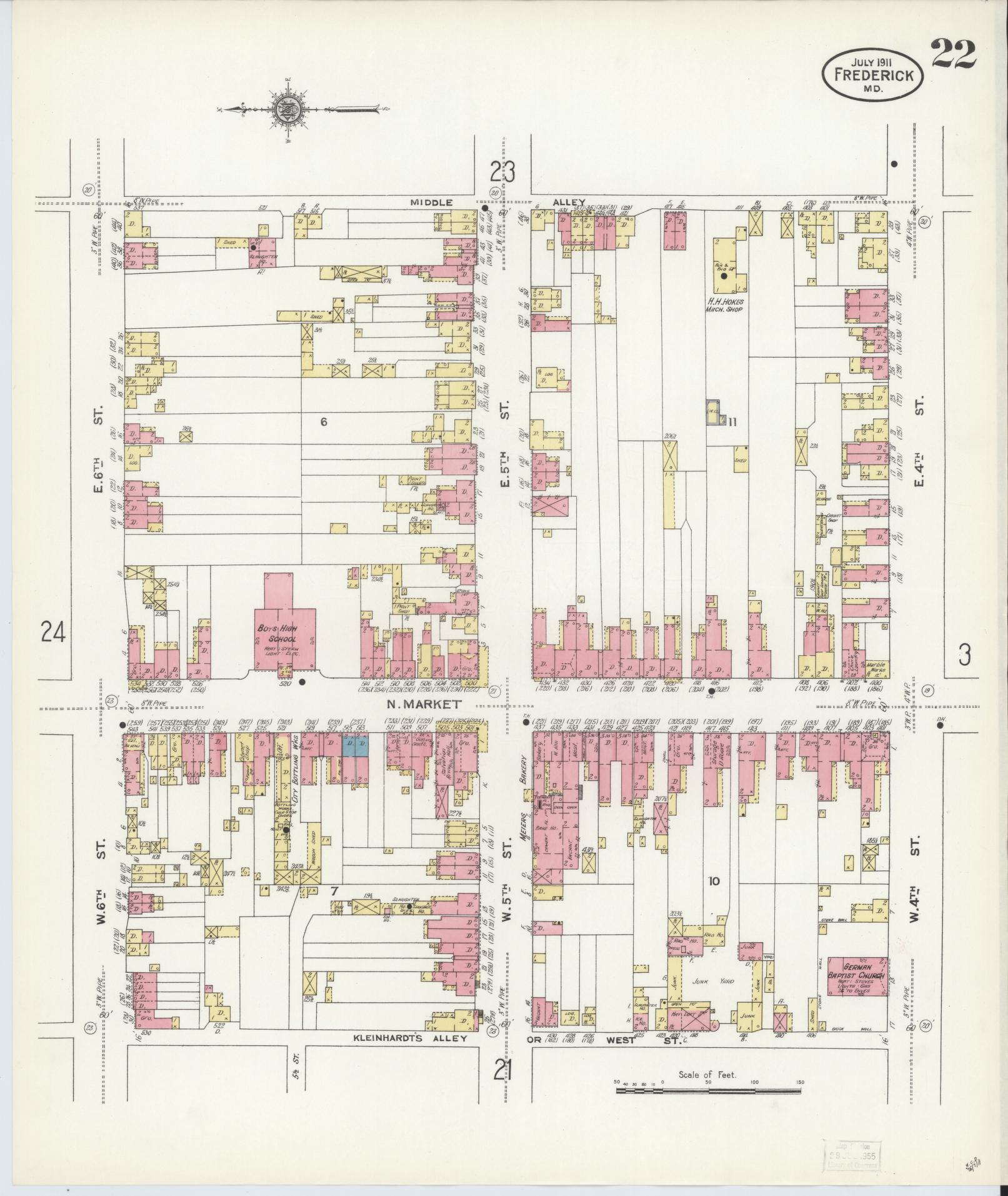 Sanborn Fire Insurance Map from Frederick, Frederick County, Maryland (1911), Sheet #0022 - Historic Sanborn Fire Insurance Map Print, vintage old map wall art