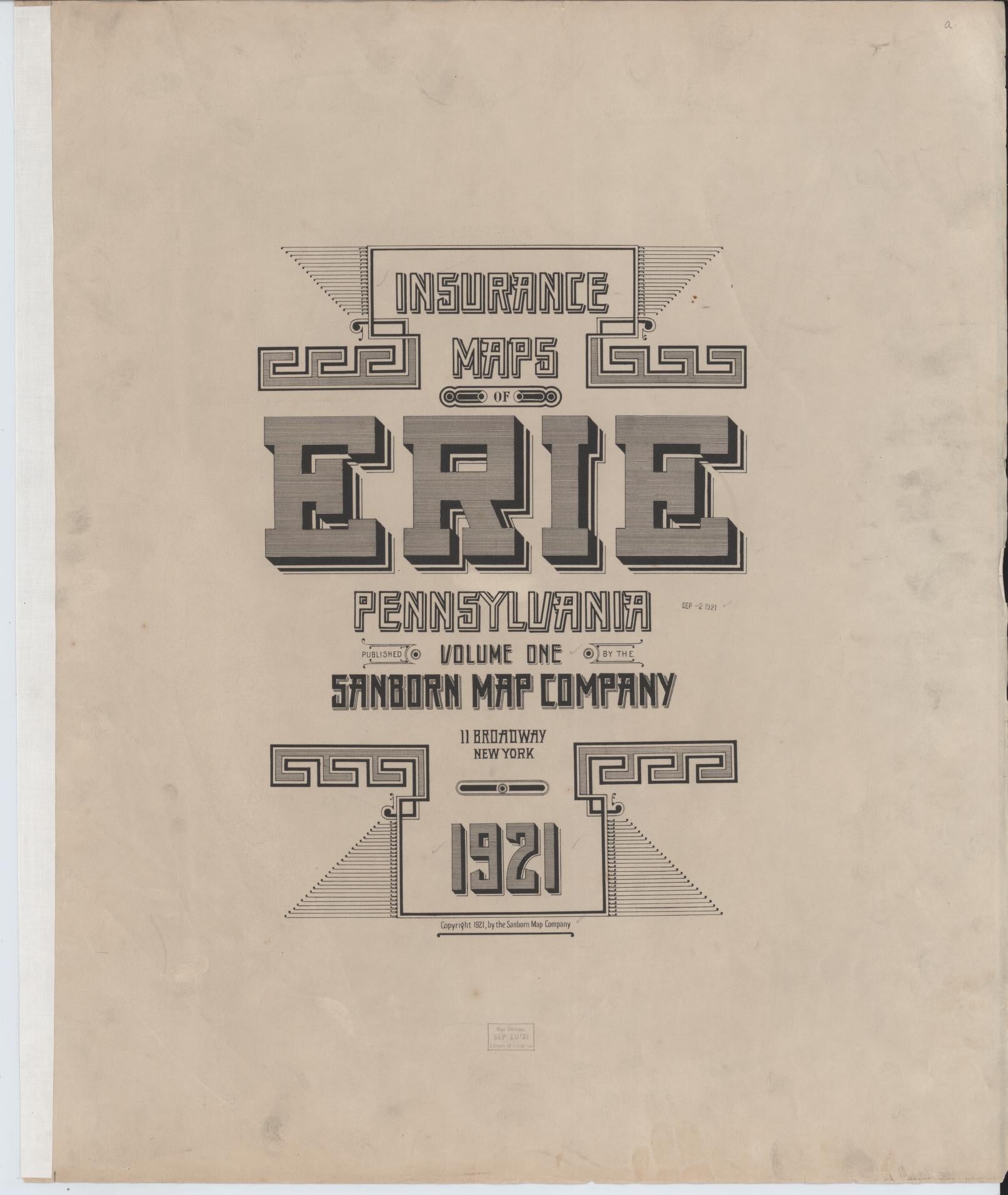 Sanborn Fire Insurance Map from Erie, Erie County, Pennsylvania (1921), Sheet #0001 - Historic Sanborn Fire Insurance Map Print, vintage old map wall art, antique decor, genealogy gift, Pennsylvania Pennsylvania map