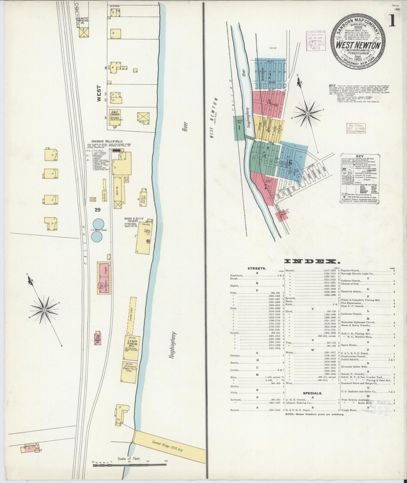 Sanborn Fire Insurance Map from West Newton, Westmoreland County, Pennsylvania (1905), Sheet #0001 - Historic Sanborn Fire Insurance Map Print, vintage old map wall art, antique decor, genealogy gift, Pennsylvania Pennsylvania map