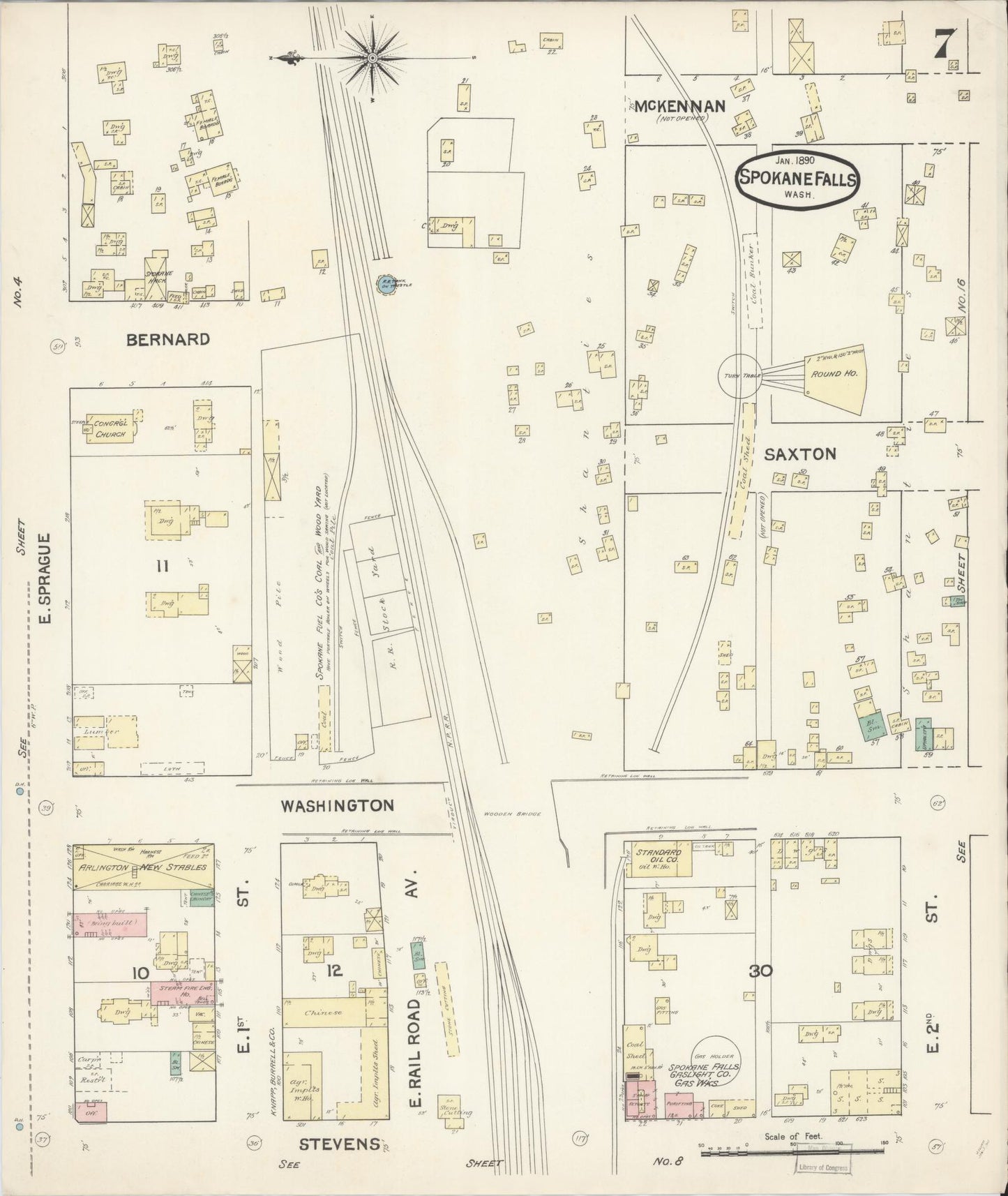 Sanborn Fire Insurance Map from Spokane, Spokane County, Washington (1890), Sheet #0007 - Complete Map Set gallery image, historic Sanborn map, vintage wall art, Washington Washington