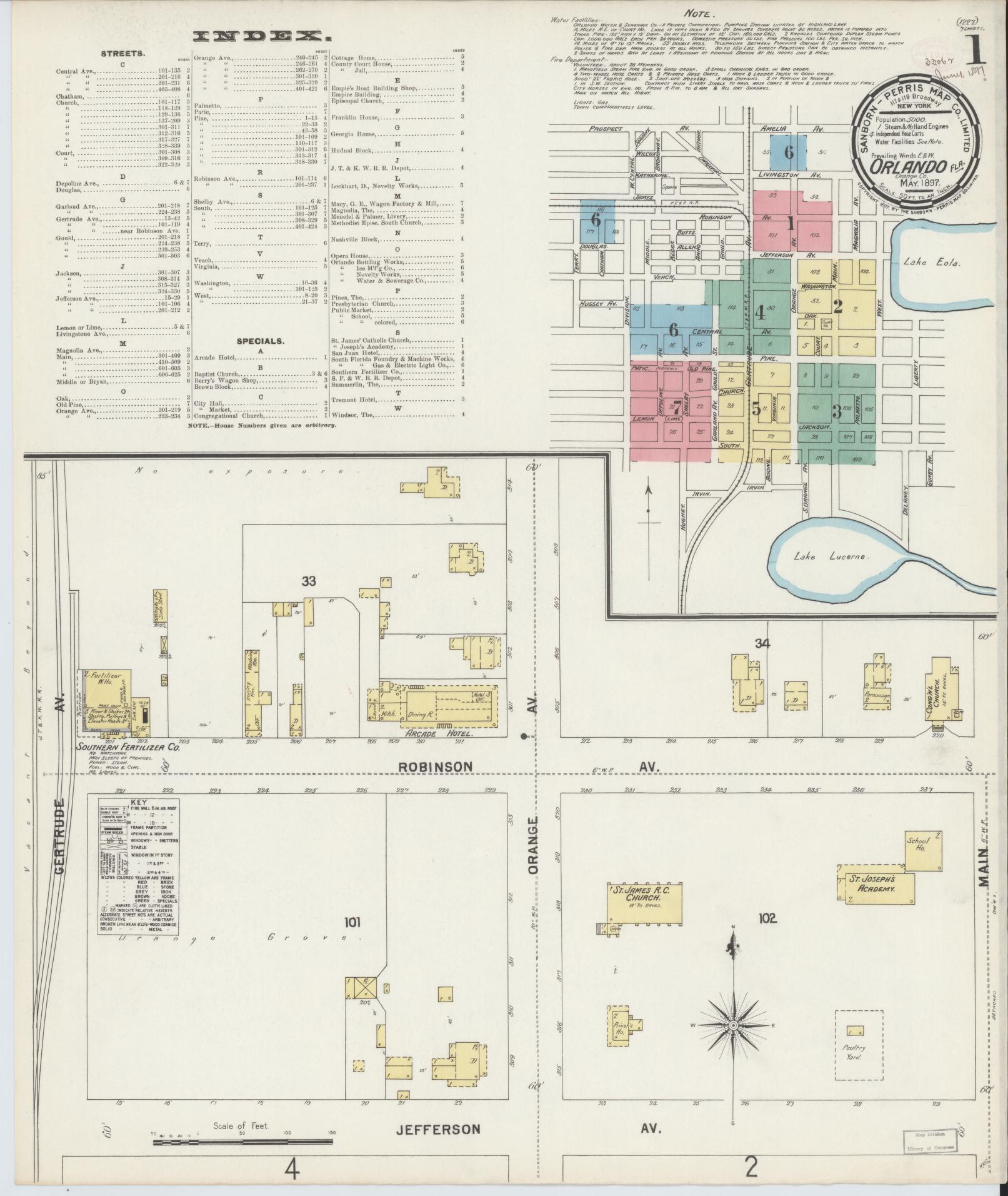 Sanborn Fire Insurance Map from Orlando, Orange County, Florida (1897), Sheet #0001 - Complete Map Set gallery image, historic Sanborn map, vintage wall art, Florida Florida