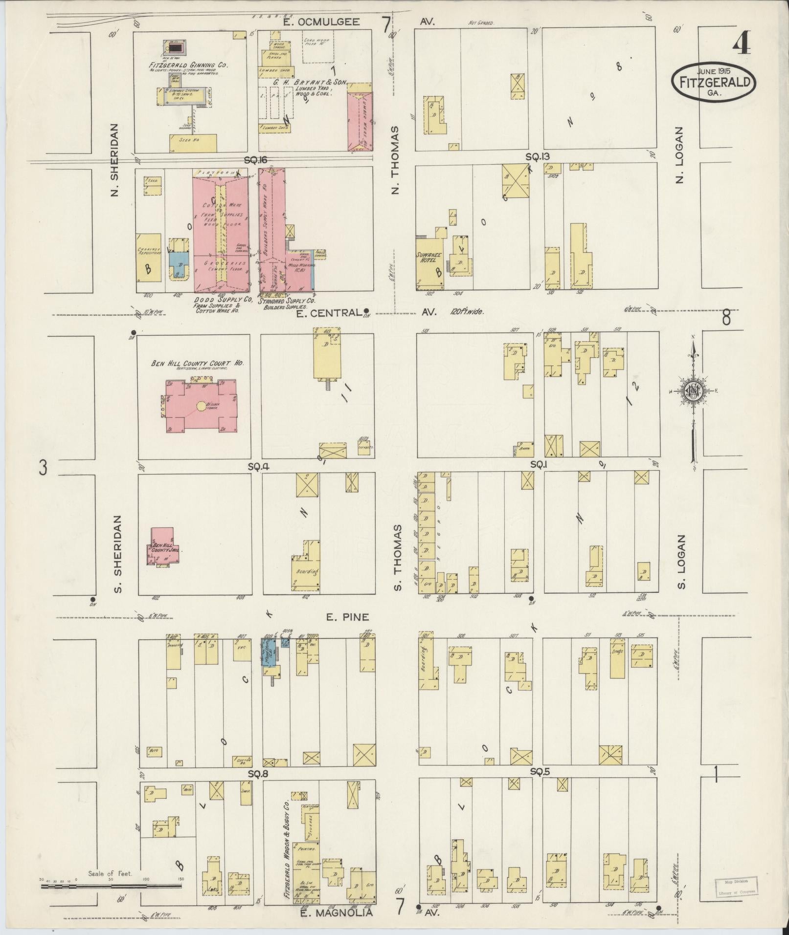 Sanborn Fire Insurance Map from Fitzgerald, Ben Hill County, Georgia (1915), Sheet #0004 - Historic Sanborn Fire Insurance Map Print, vintage old map wall art, antique decor, genealogy gift, Georgia Georgia map
