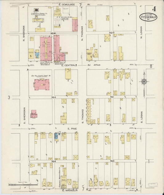 Sanborn Fire Insurance Map from Fitzgerald, Ben Hill County, Georgia (1915), Sheet #0004 - Historic Sanborn Fire Insurance Map Print, vintage old map wall art, antique decor, genealogy gift, Georgia Georgia map